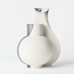 WILHELM KÅGE. “Surrea,” vase, Gustavsberg, 1940s, white-glazed stoneware, painted in black and grey.