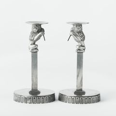 ANNA PETRUS. Candlesticks, a pair, Herman Bergman Art Foundry, Stockholm, 1920s, Swedish Grace, pewter and brass.
