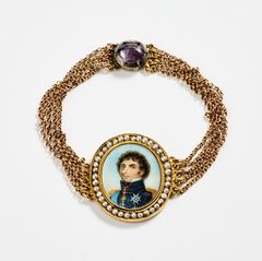 BRACELET, 18K gold and seed pearls with a miniature portrait depicting Charles XIV John, Empire period, Christian Diedric Wancke, Stockholm, 1813.