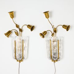 SIMON GATE. Wall lights, a pair, Orrefors, 1930s–1940s, Swedish Modern, brass and glass.