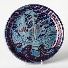 WILLIAM DE MORGAN. Charger, England, circa 1888–1907, “Moonlight Lustre” lustre-glazed earthenware, decorated with a galleon by Charles Passenger.
