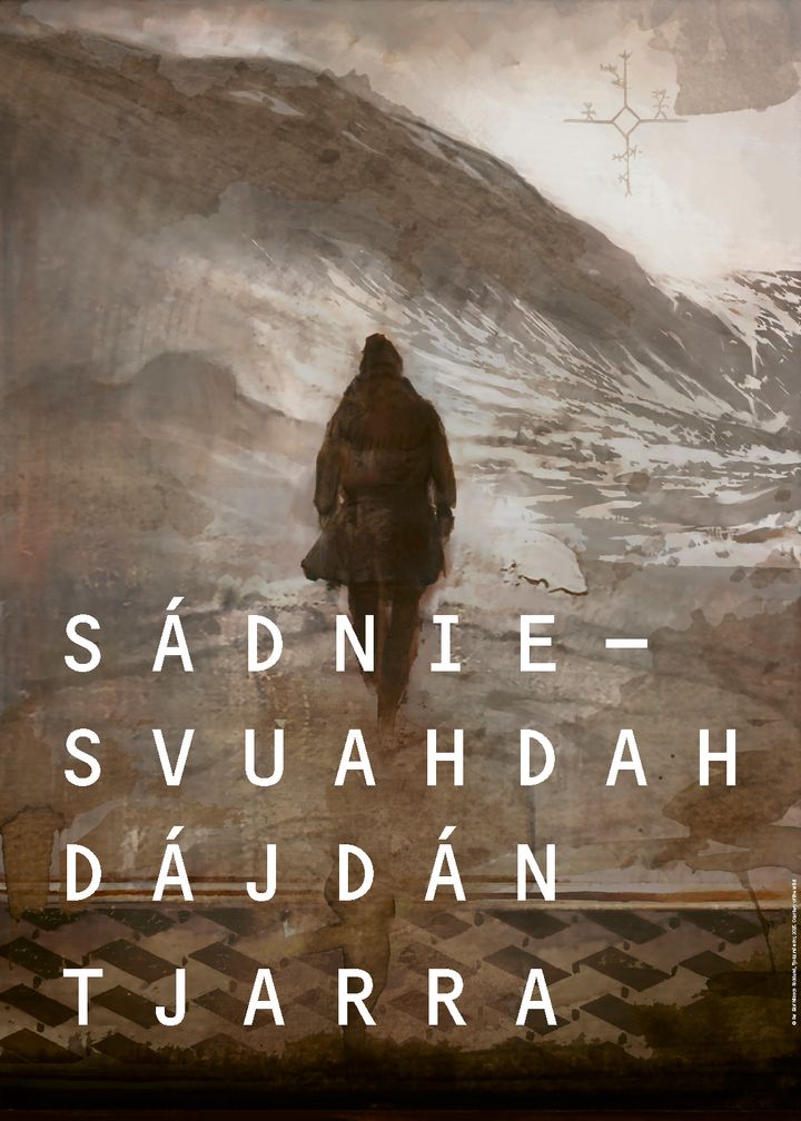 Utställningstiteln Art and Truth-Telling på Umesamiska på en målning där en same går in i ett fjälllandskap