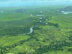 Flygbild av ett vidsträckt grönt landskap med en slingrande flod.