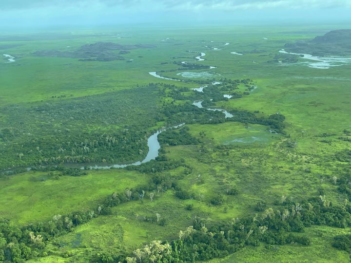 Flygbild av ett vidsträckt grönt landskap med en slingrande flod.