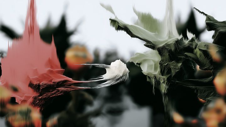 Abstrakt digitalt skapad konstbild med flytande, naturliknande former i rosa, vitt och grönt mot en diffus bakgrund.