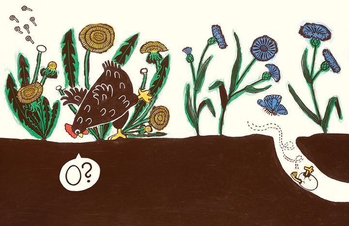 En höna letar efter sitt ägg i en trädgård, medan ägget har fått ben och ramlat ner i ett hål i marken.