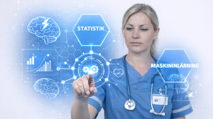 Kvinna i sjukvårdskläder pekar på holografiska ikoner för statistik och maskininlärning.