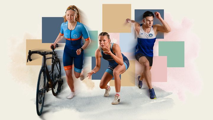 Tre idrottare i färgglada träningskläder poserar mot en bakgrund av färgblock.