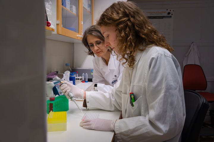 Två forskare, Kristina Lejon och Emma Renman, arbetar i ett laboratorium med pipetter och laboratorieutrustning.