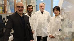 Laboratoriet för vibrationsbiologi, en unik forskningsmiljö som etablerats med stöd från Kempestiftelserna. Från vänster: Farhan Shah (gruppledare), Abdullah Azmi (gästforskare från King’s College London), Roger Widmark (teknisk specialist) och Yu-Cheng Qian (postdoktor). Foto: Ingrid Söderbergh