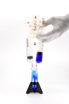 A 3D-printed syringe holder that demonstrates how bespoke research instruments can be manufactured directly in the lab.