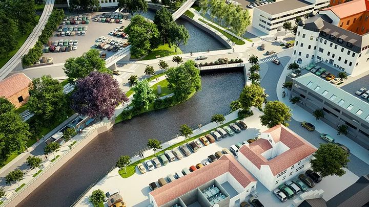 Visionsskiss över området vid Nybron. Mer om det projektet och många andra får besökarna på utställningen Borås bygger - nu och i framtiden.