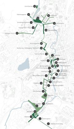 Karta över Viskans parks olika delprojekt. Projektet Götavallen är markerat med nummer 7.