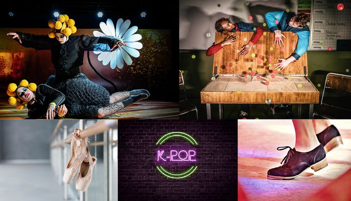 En collage av färgglada och dynamiska bilder: en person i en blomliknande dräkt, en bild på balettskor vid en balettstång, en neonskylt med texten "K-Pop", och en närbild av en fot i en steppdanssko.