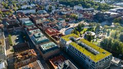 Drönarfoto på Borås centrum med Viskan och Stora tortet