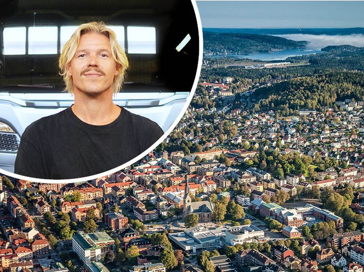 Stamnared Åkeris VD, Mattias Bengtsson, med en flygbild av Borås i bakgrunden.