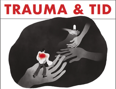 Utställningsaffisch med titeln "Trauma och tid". En person med ett rött märke på ryggen, omgiven av utsträckta händer i olika nyanser av grått.
