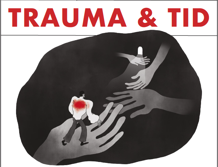 Utställningsaffisch med titeln "Trauma och tid". En person med ett rött märke på ryggen, omgiven av utsträckta händer i olika nyanser av grått.