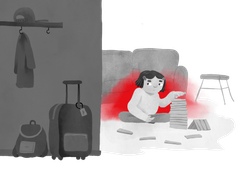 Illustration av ett barn som leker med klossar på golvet.