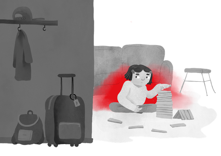 Illustration av ett barn som leker med klossar på golvet.