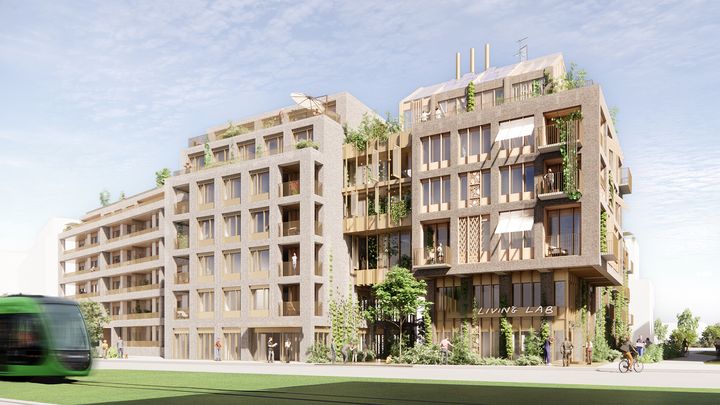Visionsbild av ett beige hus med spårvagn i förgrunden