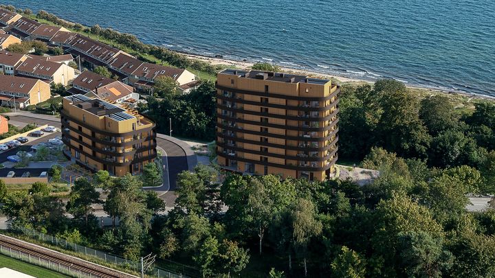 Vy uppifrån över två flerfamiljshus som står bland träd alldeles vid strandkanten.