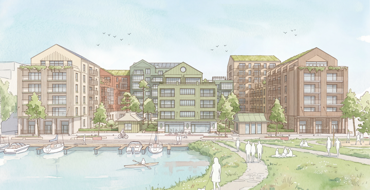 Illustration av HSBs förslag på hållbart bostadskvarter vid vatten med brygga, båtar och grönområden.