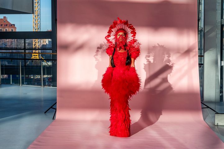 Jontay Kahm (Plains Cree) is a 28-year-old creative phenomenon originally from Saskatchewan. The Institute of American Indian Arts BFA graduate and current MFA candidate at Parsons School of Design in New York created this dress called "infrared".