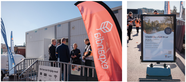 Ihmisi%E4%20keskustelemassa%20Expandian%20moduulirakennuksen%20edustalla%20kriisiharjoituksessa%20V%E4ster%E5sissa.%20Kuvassa%20my%F6s%20kyltti%2C%20jossa%20tiedotetaan%20V%E4ster%E5sin%20kaupungin%20kriisipisteest%E4%20valmiusharjoituksen%20yhteydess%E4.