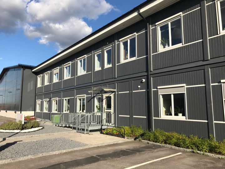 Harmaa%20kaksikerroksinen%20rakennus.%20Etualalla%20kasveja