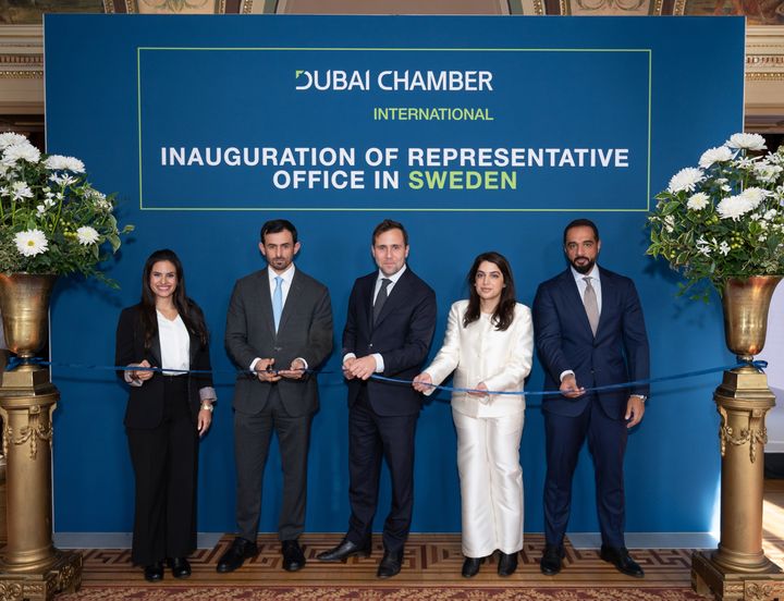 Left-Right: Yasmin Latif, Chief Representative – Sweden, Dubai Chambers; Salem AlShamsi, Executive Vice President of International Relations at Dubai Chambers; H.E. Benjamin Dousa, Minister for International Development Cooperation and Foreign Trade of the Kingdom of Sweden; H.E. Ghasaq Shaheen, Ambassador of the United Arab Emirates to the Kingdom of Sweden; and Mohammad Alkassim, Director - Europe and The Americas Region at Dubai Chambers - During the ribbon-cutting ceremony for the launch of Dubai International Chamber’s representative office in Stockholm, Sweden.