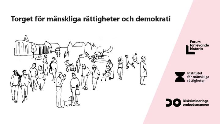Illustration av människor som samtalar på ett torg. Logotyper för Forum för levande historia, Institutet för mänskliga rättigheter och Diskrimineringsombudsmannen visas.