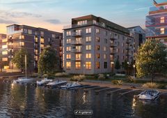 Moderna flerbostadshus vid vattnet i Bryggudden, Karlstad.