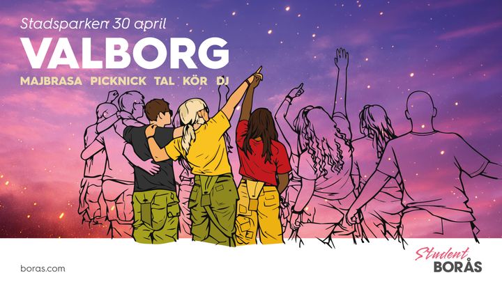 Illustration av en grupp människor som firar Valborg. Texten annonserar Valborgsfirande med majbrasa, picknick, tal, kör och DJ i Stadsparken den 30 april.