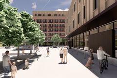 Visionsbild som visar hur det nya kommunhuset och huvudbiblioteket i Huddinge kan komma att se ut.