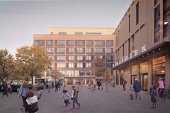 White Arkitekter. Visionsbild som visar hur det nya kommunhuset och biblioteket kan komma att se ut.