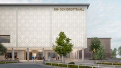 Visionsbild av nya sim- och idrottshallen. Hallen kommer att vara synlig från Huddingevägen nära centrum, gång- och cykelvägar och kommunala färdmedel.