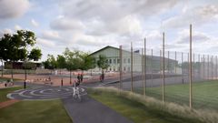 Illustration av en utemiljö med lekytor nära en fotbollsplan och byggnad i bakgrunden.