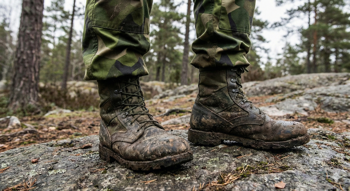 Soldat med kamouflagebyxor och leriga kängor i skogen.