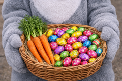Kanin som håller i en korg med ägg och morötter.