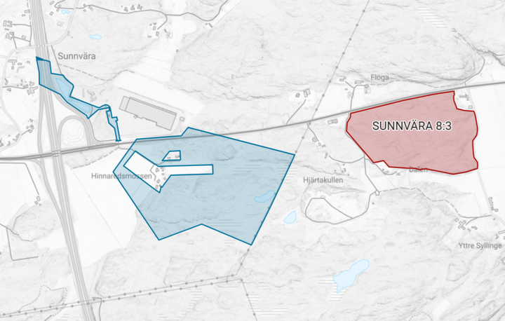 Karta över Sunnvära med den aktuella fastigheten markerad i rött.
