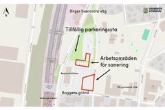 Karta över Renen-kvarteret som visar arbetsområden för saneringen och tillfällig parkeringsyta utmed Birger Svenssons väg i anslutning till befintlig pendelparkering.