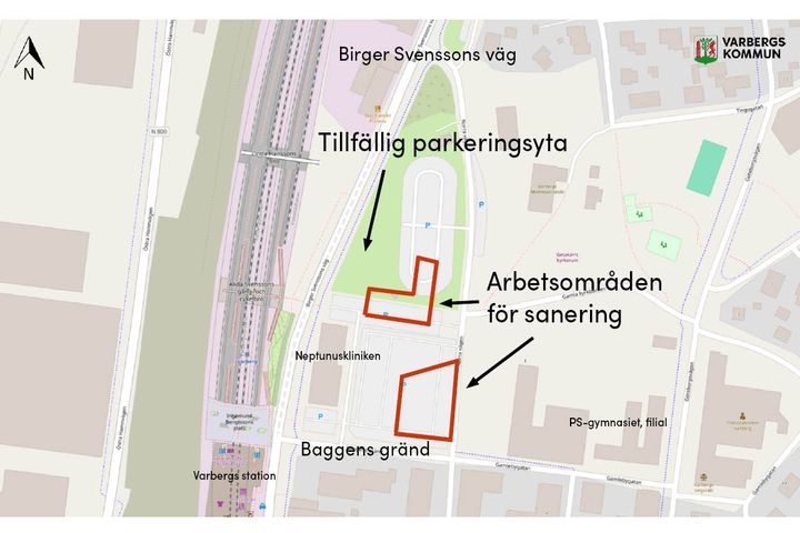 Karta över Renen-kvarteret som visar arbetsområden för saneringen och tillfällig parkeringsyta utmed Birger Svenssons väg i anslutning till befintlig pendelparkering.