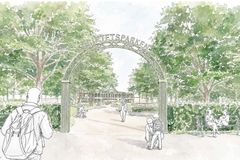 **Alt-text:** Illustration av en parkentré med en välvd grind där det står "Societetsparken", omgiven av stora träd och gröna häckar. Människor promenerar och sitter på bänkar längs en gångväg som leder mot en paviljong i bakgrunden.