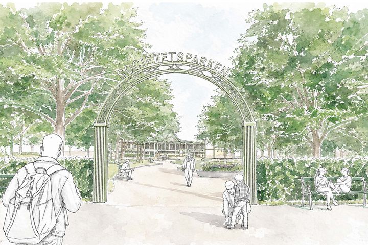 **Alt-text:** Illustration av en parkentré med en välvd grind där det står "Societetsparken", omgiven av stora träd och gröna häckar. Människor promenerar och sitter på bänkar längs en gångväg som leder mot en paviljong i bakgrunden.