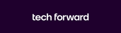 Vit textlogotypen ”tech forward” mot mörklila bakgrund.