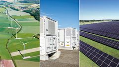 Bildcollage som visar vindkraftverk, batteripark och solcellspaneler.