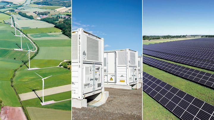 Bildcollage som visar vindkraftverk, batteripark och solcellspaneler.