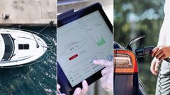 En bild i tre delar: en vit båt förtöjd vid en brygga, en person som håller en surfplatta med båtens instrumentpanel, och en elbil som laddas.