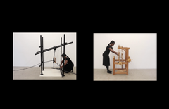 Två bilder av en kvinna som arbetar med två olika vävstolar.